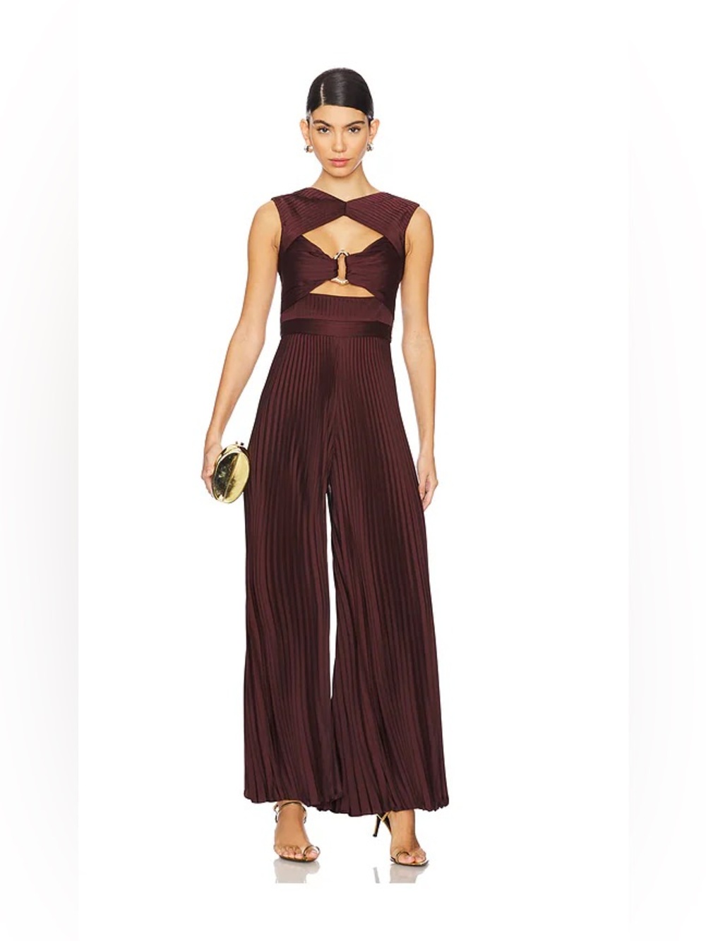 AMUR Rosalynn Pleated Cutout Wide-Leg Jumpsuit Chocolate
